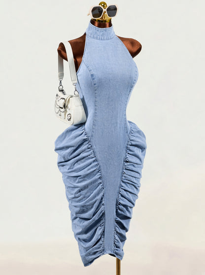 Ruched Halter Denim Dress — Light Wash