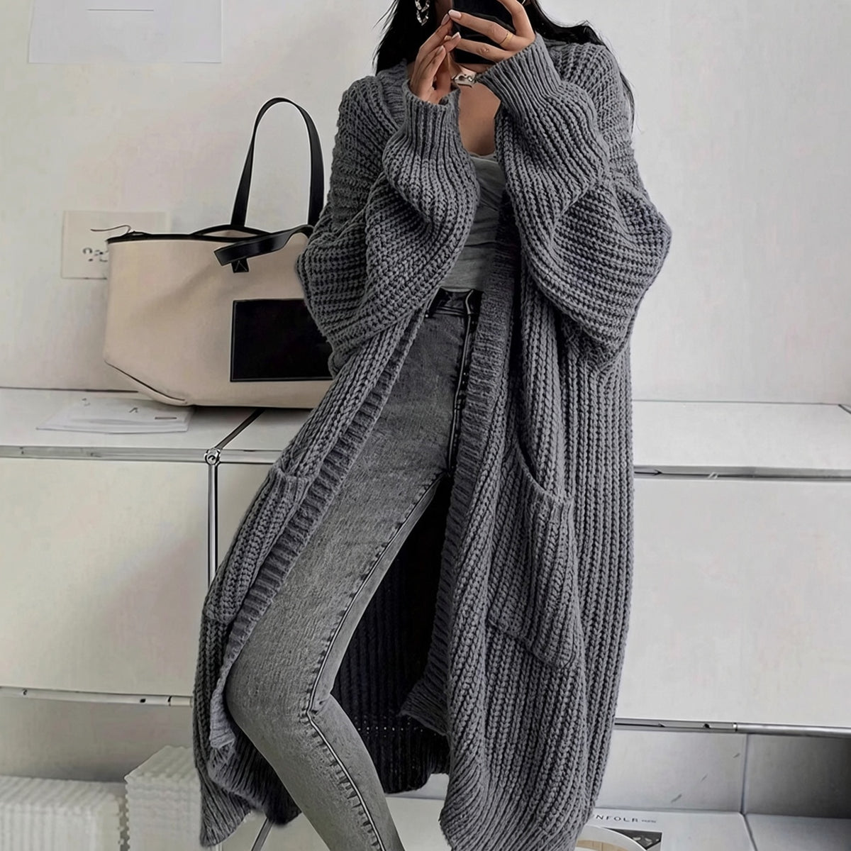 Women's Solid Chunky Knit Open Front Oversized Long Cardigan With Pockets