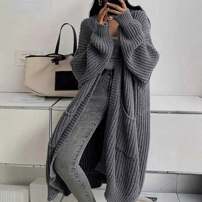 Women's Solid Chunky Knit Open Front Oversized Long Cardigan With Pockets