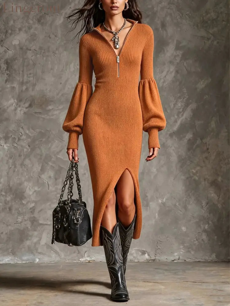 Half‑Zip Balloon Sleeve Slit Ribbed Knit Midi Dress - Chocolate brown / S