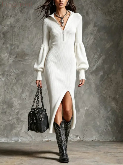 Half‑Zip Balloon Sleeve Slit Ribbed Knit Midi Dress - White / S