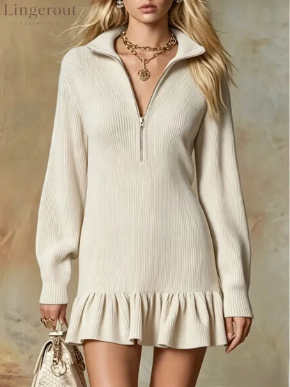 Half‑Zip Collared Ribbed Knit Ruffle Hem Sweater Dress - Apricot / S