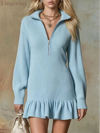 Half‑Zip Collared Ribbed Knit Ruffle Hem Sweater Dress - Blue / S