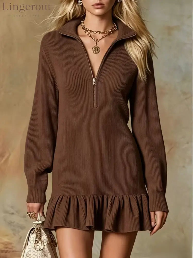 Half‑Zip Collared Ribbed Knit Ruffle Hem Sweater Dress - Brown / S