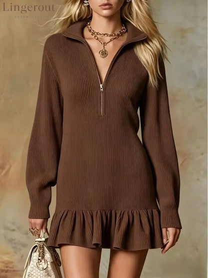 Half‑Zip Collared Ribbed Knit Ruffle Hem Sweater Dress - Brown / S
