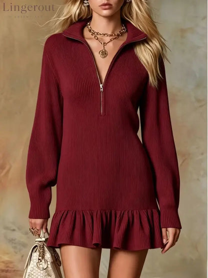 Half‑Zip Collared Ribbed Knit Ruffle Hem Sweater Dress - Burgundy / S