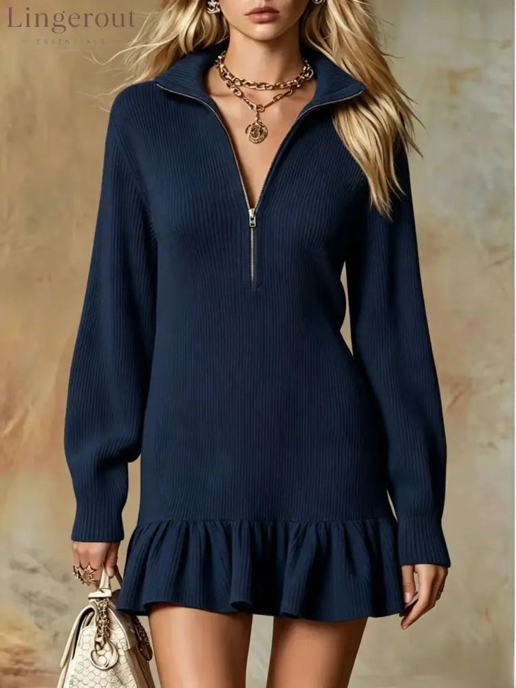 Half‑Zip Collared Ribbed Knit Ruffle Hem Sweater Dress - Navy blue / S