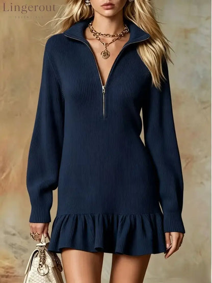 Half‑Zip Collared Ribbed Knit Ruffle Hem Sweater Dress - Navy blue / S