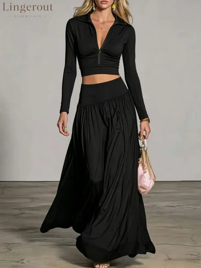 Half‑Zip Crop Top & High‑Waist Flowy Maxi Skirt Two‑Piece Set