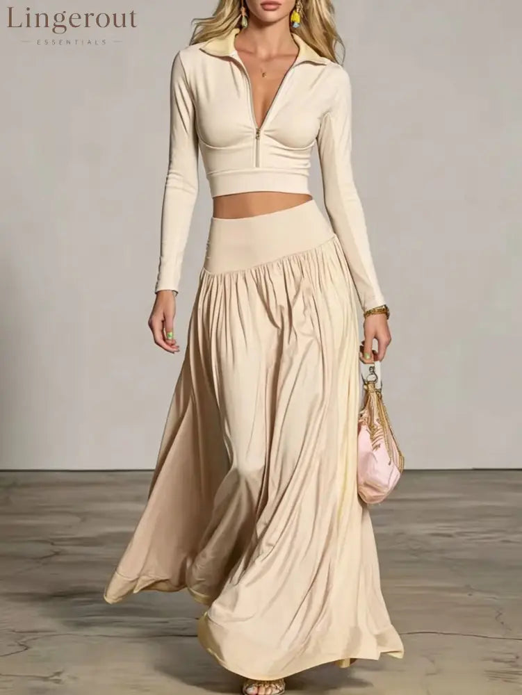 Half‑Zip Crop Top & High‑Waist Flowy Maxi Skirt Two‑Piece Set - Apricot / S