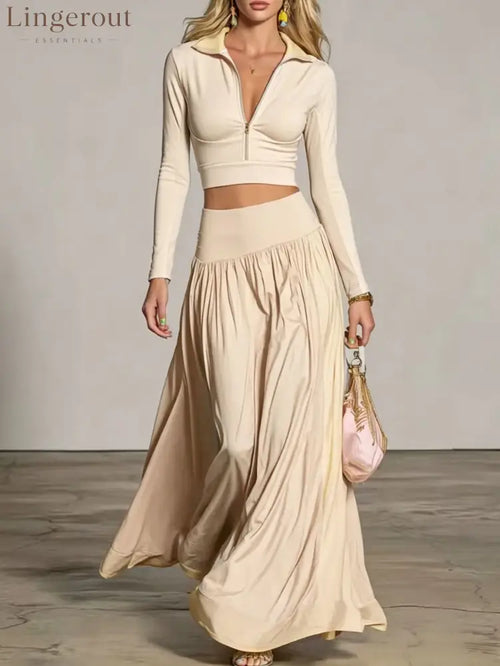 Half‑Zip Crop Top & High‑Waist Flowy Maxi Skirt Two‑Piece Set - Apricot / S