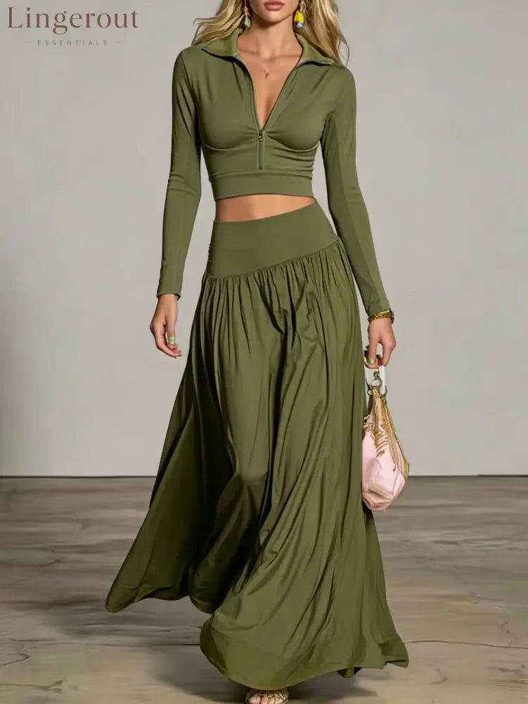 Half‑Zip Crop Top & High‑Waist Flowy Maxi Skirt Two‑Piece Set - Army green / S
