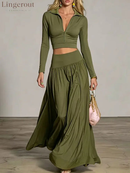 Half‑Zip Crop Top & High‑Waist Flowy Maxi Skirt Two‑Piece Set - Army green / S