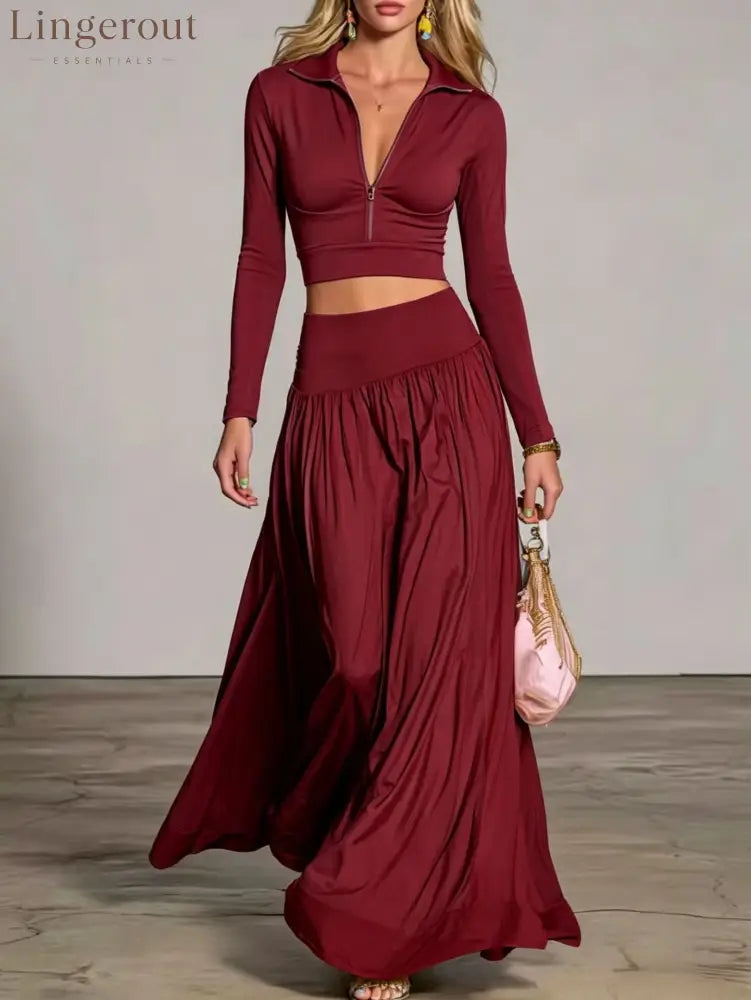 Half‑Zip Crop Top & High‑Waist Flowy Maxi Skirt Two‑Piece Set - Burgundy / S