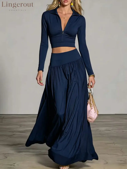 Half‑Zip Crop Top & High‑Waist Flowy Maxi Skirt Two‑Piece Set - Navy blue / S