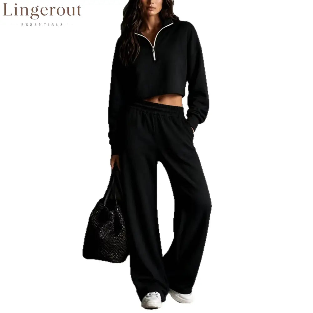 Half‑Zip Cropped Sweatshirt & Wide‑Leg Sweatpants Two‑Piece Set