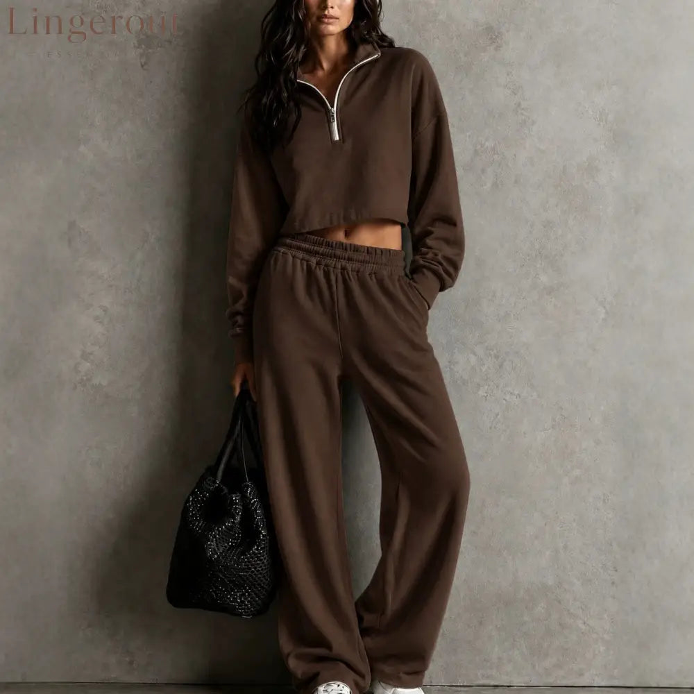 Half‑Zip Cropped Sweatshirt & Wide‑Leg Sweatpants Two‑Piece Set