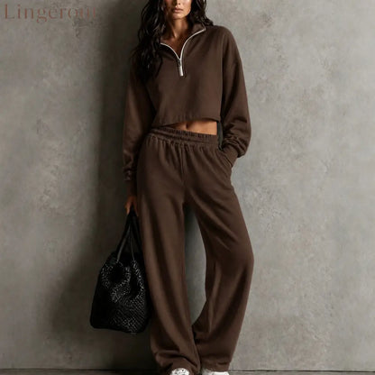 Half‑Zip Cropped Sweatshirt & Wide‑Leg Sweatpants Two‑Piece Set