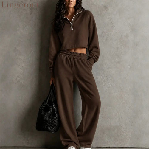 Half‑Zip Cropped Sweatshirt & Wide‑Leg Sweatpants Two‑Piece Set