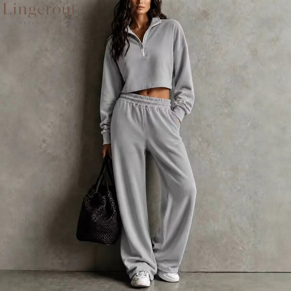Half‑Zip Cropped Sweatshirt & Wide‑Leg Sweatpants Two‑Piece Set