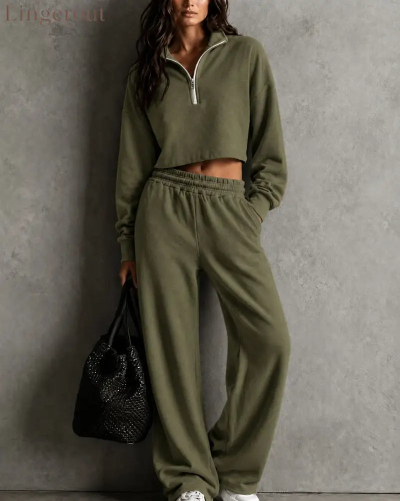 Half‑Zip Cropped Sweatshirt & Wide‑Leg Sweatpants Two‑Piece Set - army green / S