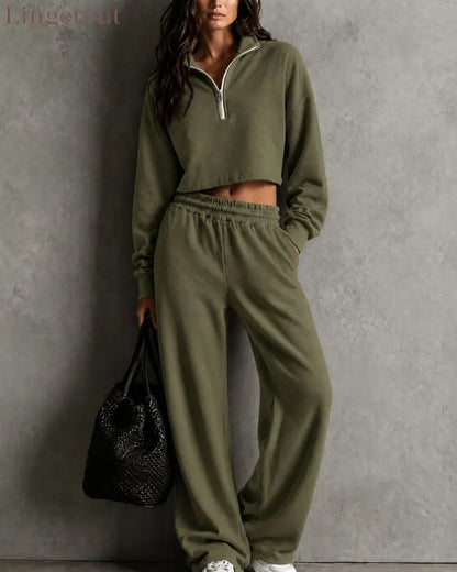 Half‑Zip Cropped Sweatshirt & Wide‑Leg Sweatpants Two‑Piece Set - army green / S