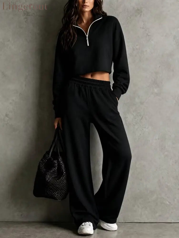 Half‑Zip Cropped Sweatshirt & Wide‑Leg Sweatpants Two‑Piece Set - black / S