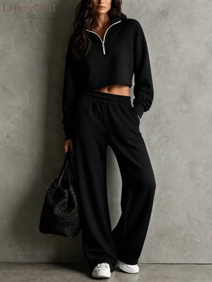 Half‑Zip Cropped Sweatshirt & Wide‑Leg Sweatpants Two‑Piece Set - black / S