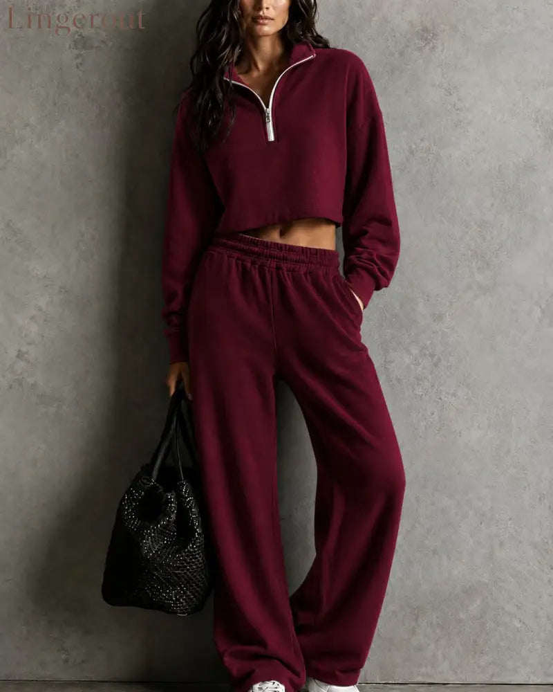 Half‑Zip Cropped Sweatshirt & Wide‑Leg Sweatpants Two‑Piece Set - burgundy / S