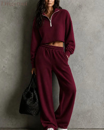 Half‑Zip Cropped Sweatshirt & Wide‑Leg Sweatpants Two‑Piece Set - burgundy / S