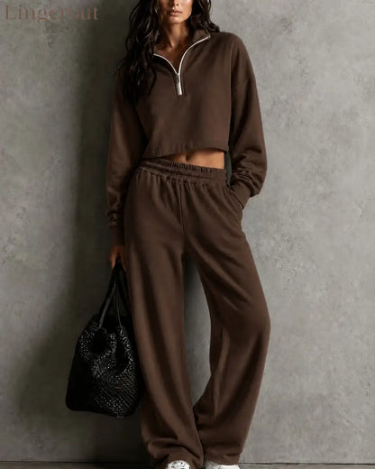 Half‑Zip Cropped Sweatshirt & Wide‑Leg Sweatpants Two‑Piece Set - dark brown / S