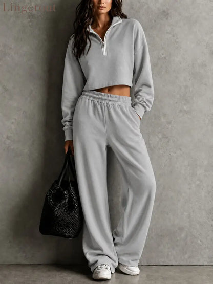 Half‑Zip Cropped Sweatshirt & Wide‑Leg Sweatpants Two‑Piece Set - gray / S