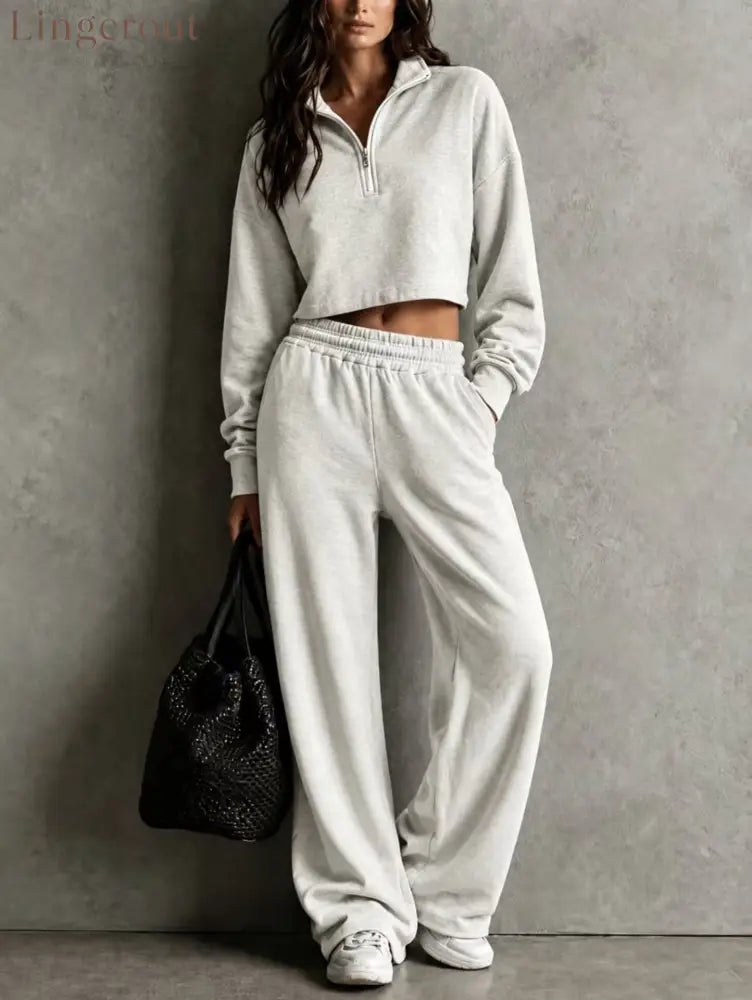 Half‑Zip Cropped Sweatshirt & Wide‑Leg Sweatpants Two‑Piece Set - light gray / S