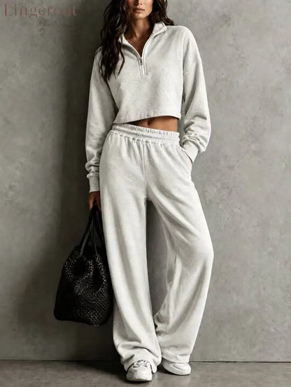 Half‑Zip Cropped Sweatshirt & Wide‑Leg Sweatpants Two‑Piece Set - light gray / S