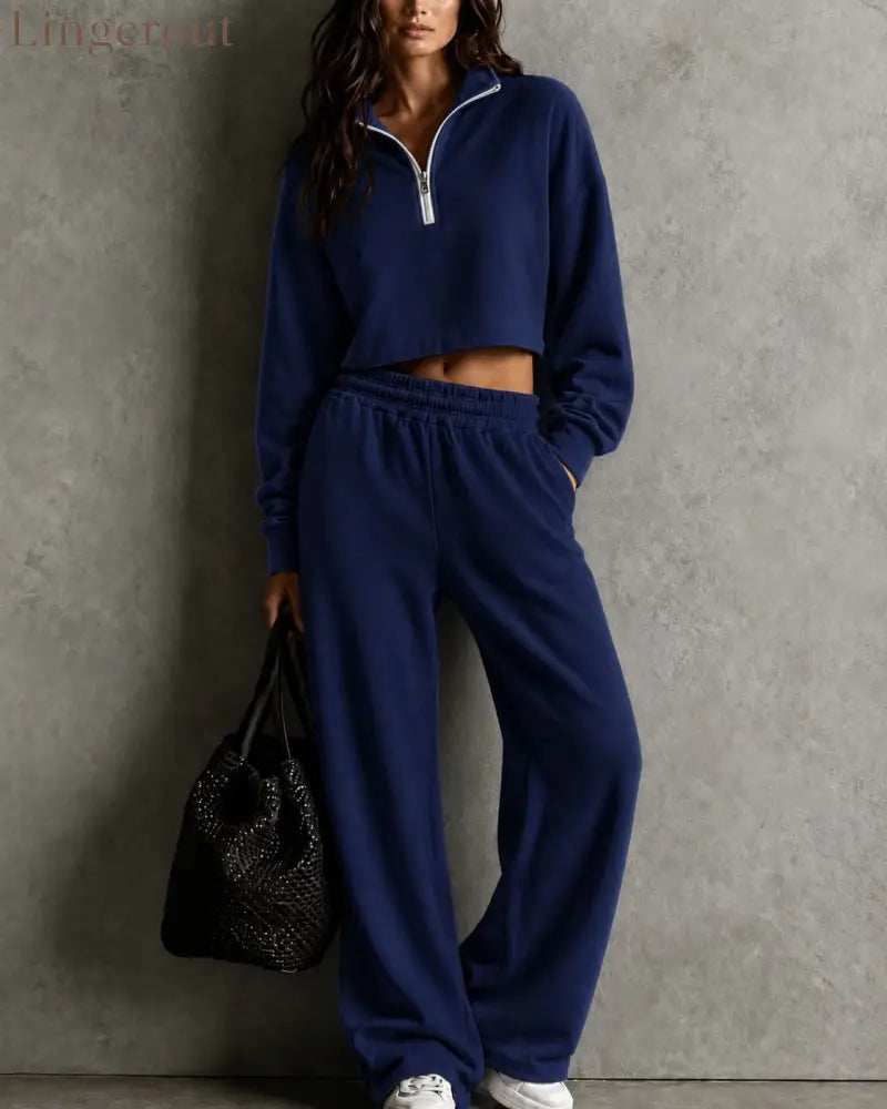 Half‑Zip Cropped Sweatshirt & Wide‑Leg Sweatpants Two‑Piece Set - navy blue / S