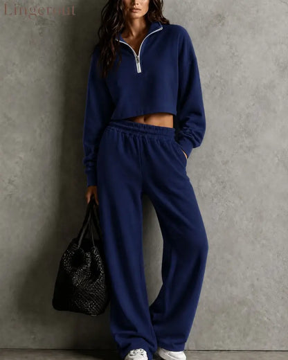 Half‑Zip Cropped Sweatshirt & Wide‑Leg Sweatpants Two‑Piece Set - navy blue / S