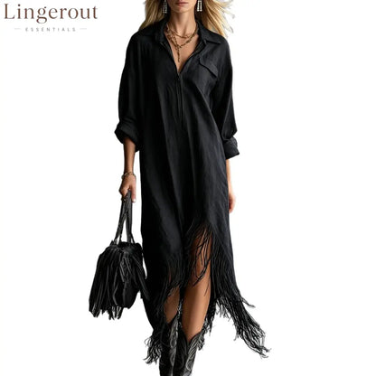 Half Zip Fringe Hem Boho Shirt Dress