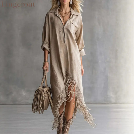 Half Zip Fringe Hem Boho Shirt Dress