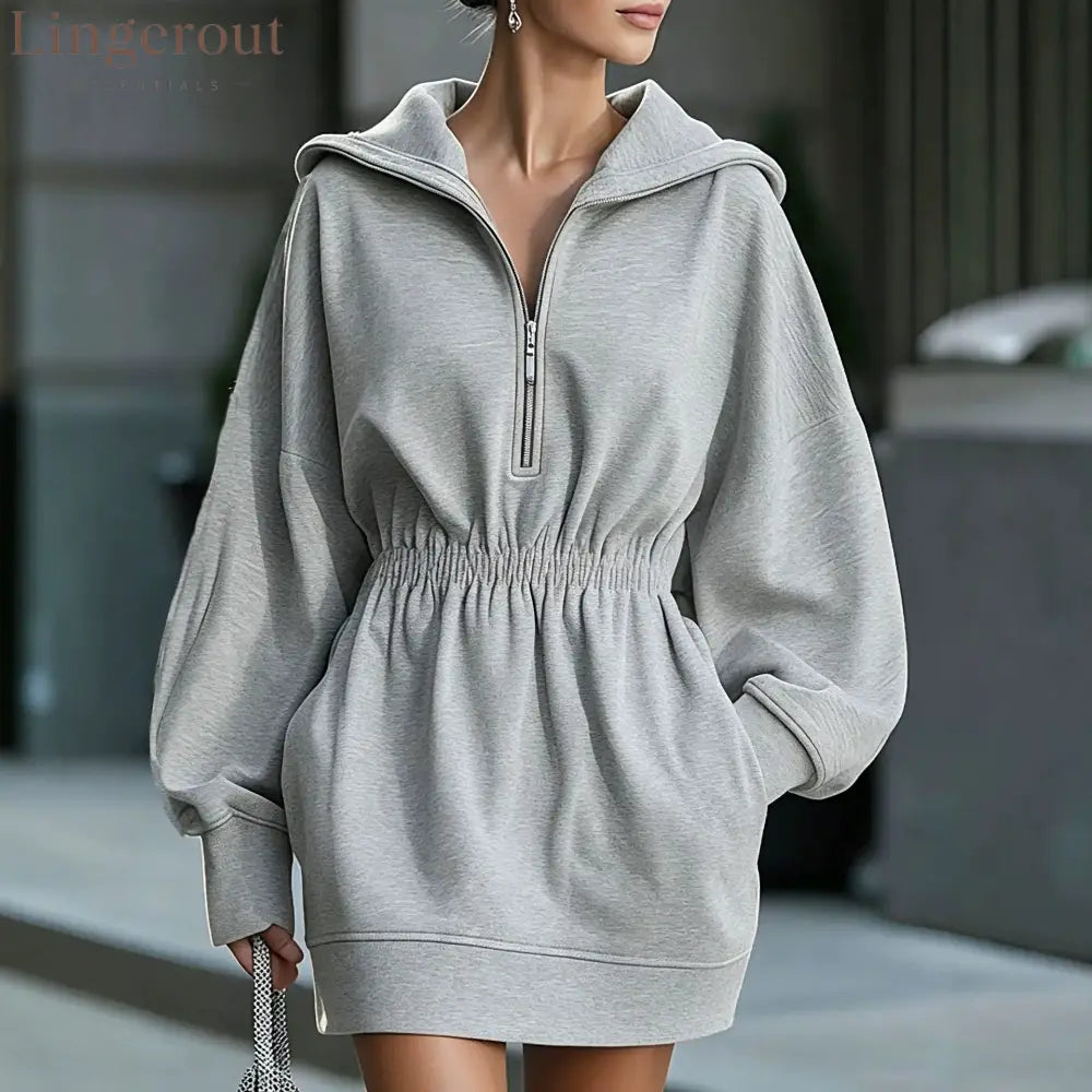 Half Zip Hooded Mini Dress Women Elastic Waist Long Sleeve Casual Sweatshirt Dress - Light gray / S