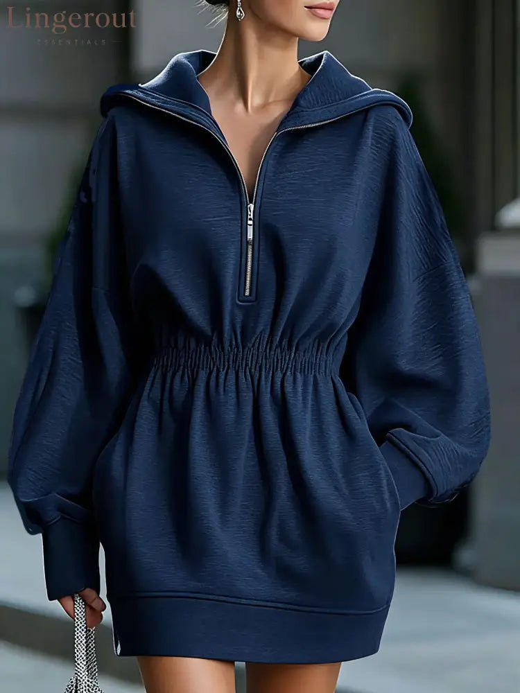 Half Zip Hooded Mini Dress Women Elastic Waist Long Sleeve Casual Sweatshirt Dress - Navy blue / S