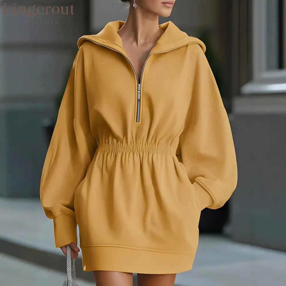 Half Zip Hooded Mini Dress Women Elastic Waist Long Sleeve Casual Sweatshirt Dress - Yellow / S