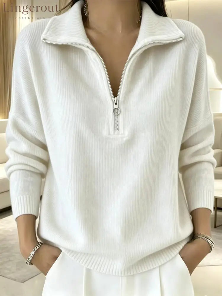 Half-Zip Ribbed Knit Collared Sweater - White / S