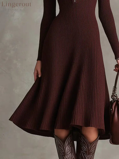 Half‑Zip Ribbed Knit Fit‑and‑Flare Midi Sweater Dress
