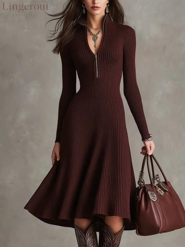 Half‑Zip Ribbed Knit Fit‑and‑Flare Midi Sweater Dress
