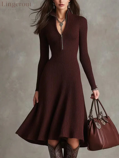 Half‑Zip Ribbed Knit Fit‑and‑Flare Midi Sweater Dress