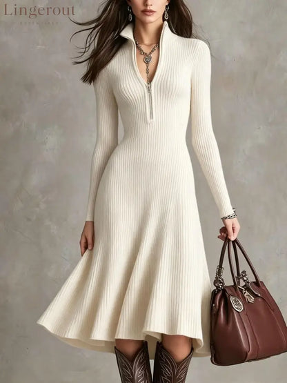 Half‑Zip Ribbed Knit Fit‑and‑Flare Midi Sweater Dress