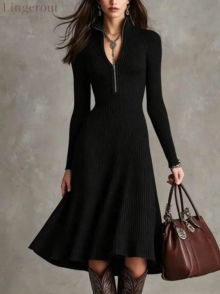 Half‑Zip Ribbed Knit Fit‑and‑Flare Midi Sweater Dress