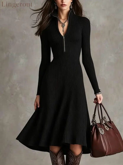 Half‑Zip Ribbed Knit Fit‑and‑Flare Midi Sweater Dress