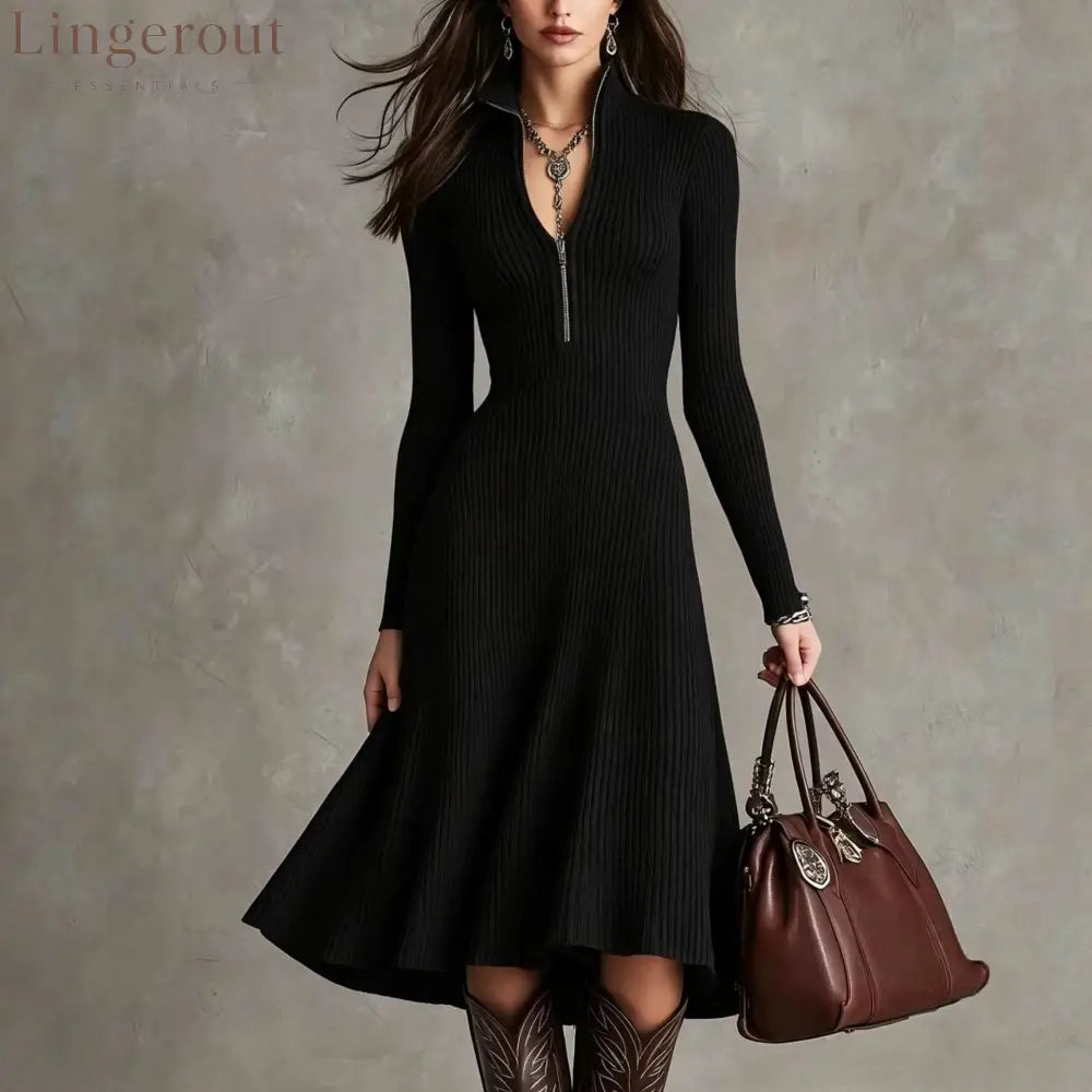 Half‑Zip Ribbed Knit Fit‑and‑Flare Midi Sweater Dress - Black / S