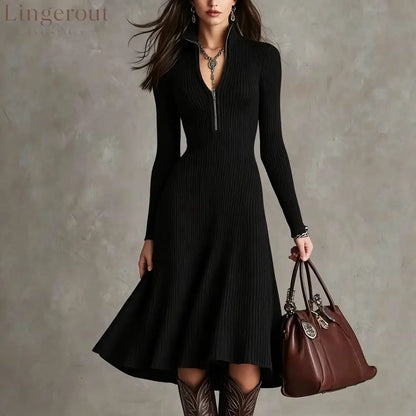 Half‑Zip Ribbed Knit Fit‑and‑Flare Midi Sweater Dress - Black / S